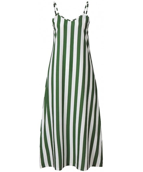 Bottoms Women's Chic Spaghetti Strap Loose Fit Maxi Dress Classic Striped Vacation Holiday Beach Sundress with Pockets Green ...