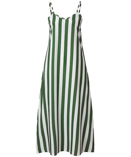 Bottoms Women's Chic Spaghetti Strap Loose Fit Maxi Dress Classic Striped Vacation Holiday Beach Sundress with Pockets Green ...