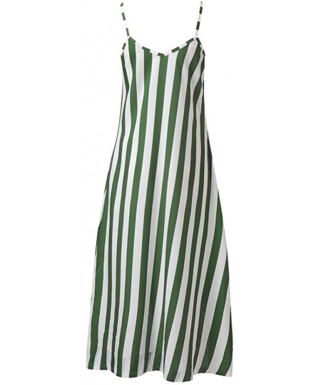 Bottoms Women's Chic Spaghetti Strap Loose Fit Maxi Dress Classic Striped Vacation Holiday Beach Sundress with Pockets Green ...