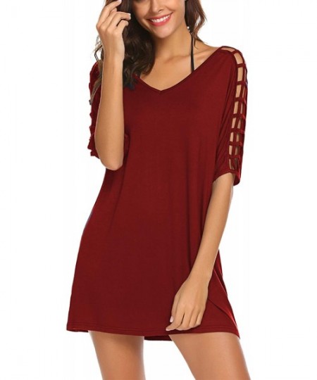 Cover-Ups Women's Deep V-Neck Gridding Sleeve Loose Stylish Beach Swimsuit Bikini Cover Up Dress - Wine Red - CM18QOAKOU6