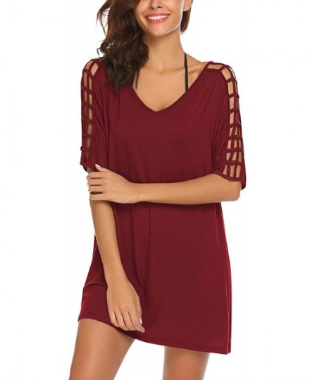 Cover-Ups Women's Deep V-Neck Gridding Sleeve Loose Stylish Beach Swimsuit Bikini Cover Up Dress - Wine Red - CM18QOAKOU6