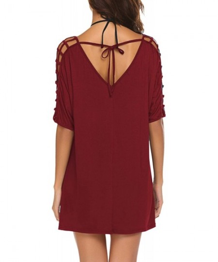 Cover-Ups Women's Deep V-Neck Gridding Sleeve Loose Stylish Beach Swimsuit Bikini Cover Up Dress - Wine Red - CM18QOAKOU6