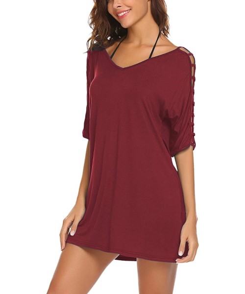 Cover-Ups Women's Deep V-Neck Gridding Sleeve Loose Stylish Beach Swimsuit Bikini Cover Up Dress - Wine Red - CM18QOAKOU6