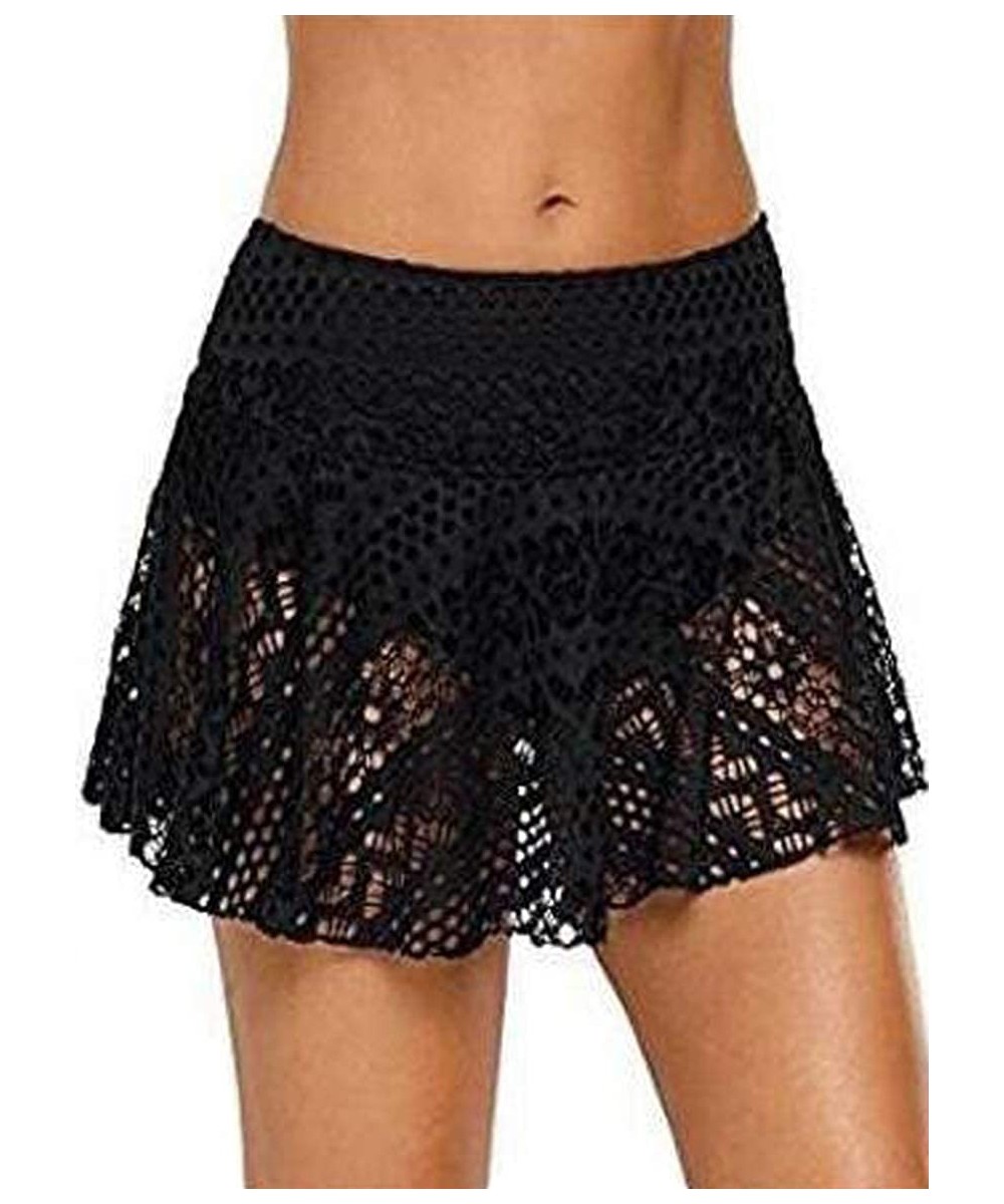 Bottoms Women's Lace Hollow Out Skirted Bikini Bottom Swimsuit Skorts Bikini Skirt - Black - CS18R7L8O48