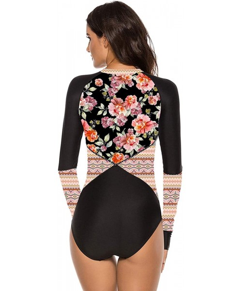 Rash Guards Women's Long Sleeve Rash Guard UV Protection Zipper Printed Surfing One Piece Swimsuit Bathing Suit - Pink - C319...