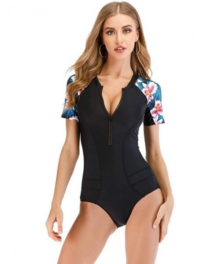 One-Pieces Women Printed One-Piece Swimsuit Short Sleeve Rashguard Swimwear Zipper Front Bathing Suit - Black/Floral Sleeve -...