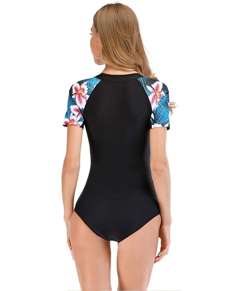 One-Pieces Women Printed One-Piece Swimsuit Short Sleeve Rashguard Swimwear Zipper Front Bathing Suit - Black/Floral Sleeve -...