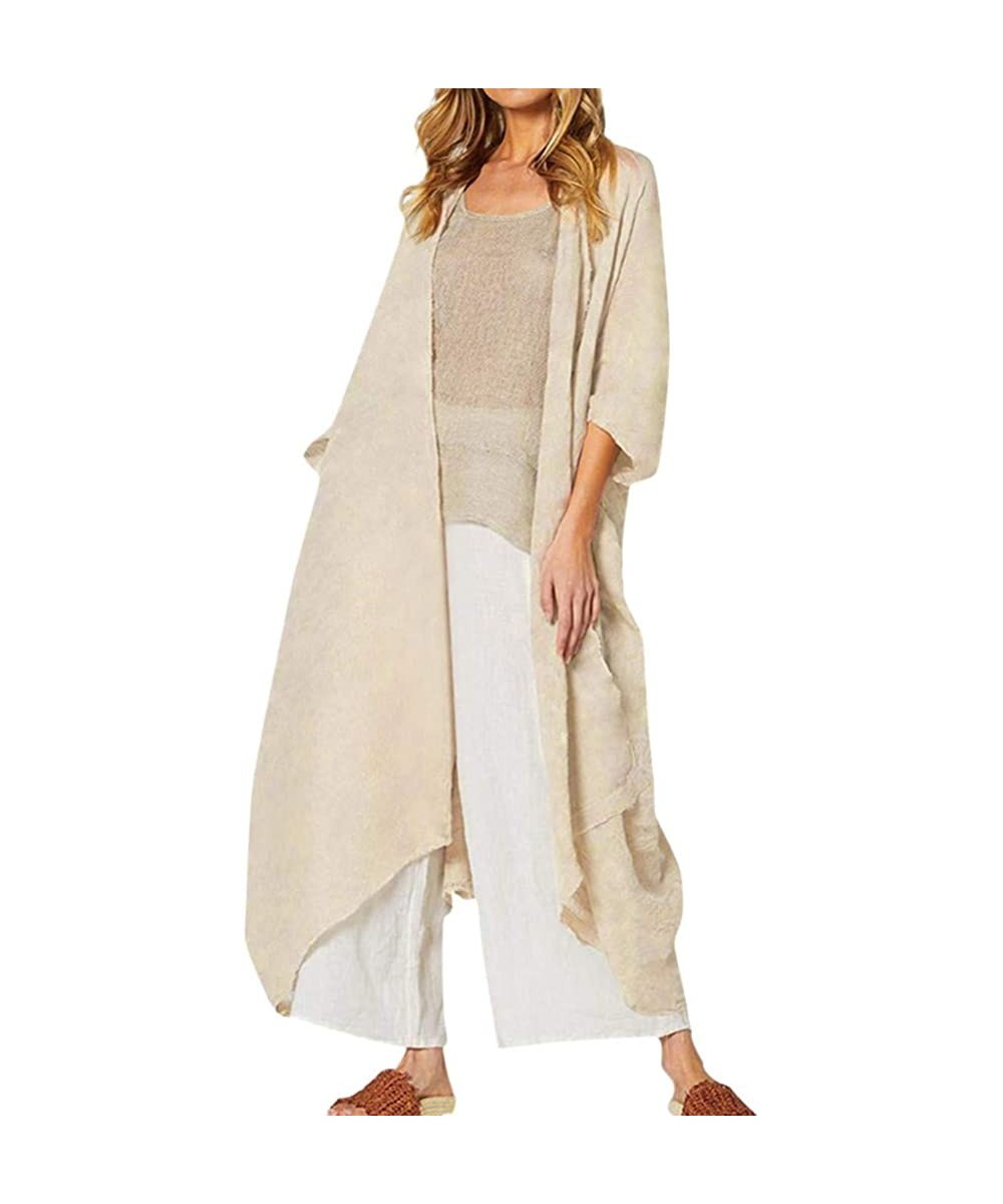 Cover-Ups Women Plus Size Bikini Beach Cover Up Long Kimono Cardigan Beachwear Jacket Coat - Beige - CE18WEMKXWO