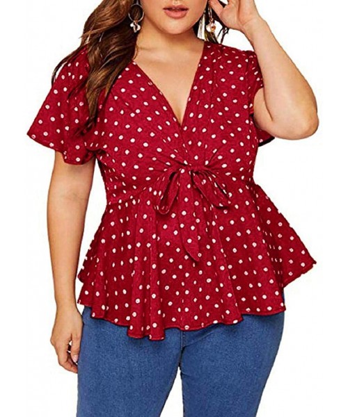 Rash Guards Polka Dot Low-Cut V-Neck Blouses Tops for Women Short Sleeve Summer Casual Oversize Tees Shirts XL-5XL - Red - CZ...