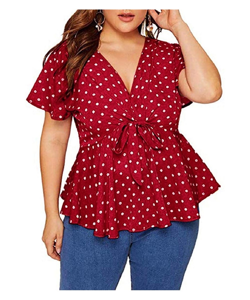 Rash Guards Polka Dot Low-Cut V-Neck Blouses Tops for Women Short Sleeve Summer Casual Oversize Tees Shirts XL-5XL - Red - CZ...