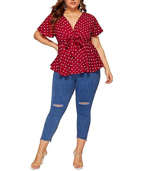 Rash Guards Polka Dot Low-Cut V-Neck Blouses Tops for Women Short Sleeve Summer Casual Oversize Tees Shirts XL-5XL - Red - CZ...