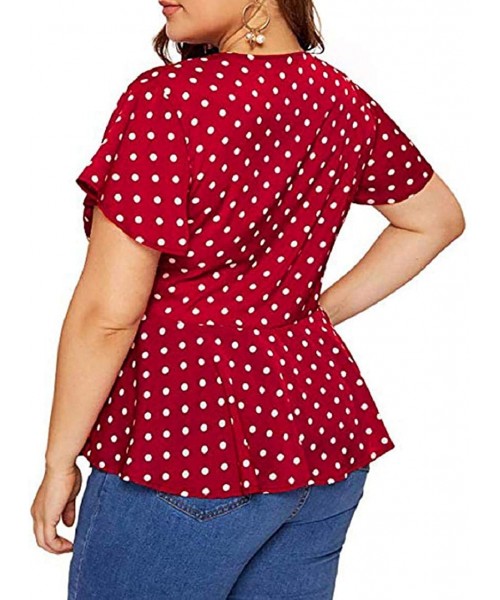 Rash Guards Polka Dot Low-Cut V-Neck Blouses Tops for Women Short Sleeve Summer Casual Oversize Tees Shirts XL-5XL - Red - CZ...