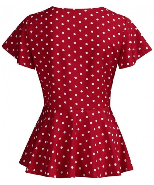 Rash Guards Polka Dot Low-Cut V-Neck Blouses Tops for Women Short Sleeve Summer Casual Oversize Tees Shirts XL-5XL - Red - CZ...