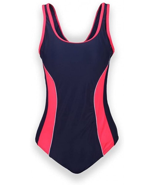 Racing Women's Splice Pure Color Scoop Back One Piece Swimwear Bathing Suit - A-navy/Rosered - CW12G31E64R