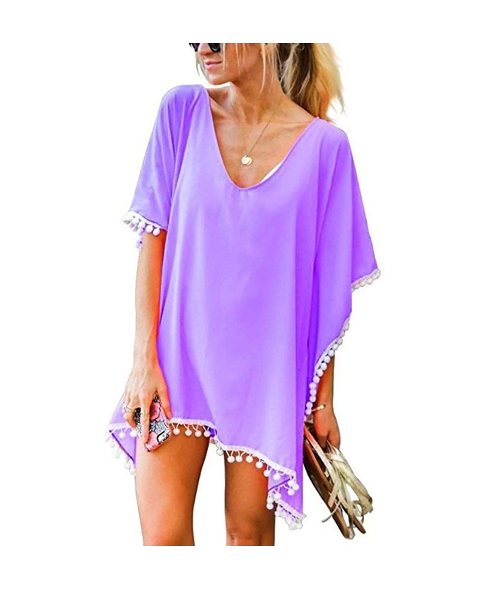 Cover-Ups Women's Summer Loose Soft and Light Swimsuit Bikini Beach Swimwear Bathing Suit Tassels Cover up Blouse Tops Purple...