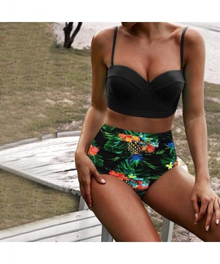 Bottoms Women's High Waist Bikini Swimwear Women's Vintage Print Beachwear Bikini Set Swimwear - Green - CD18SYG3SQ8