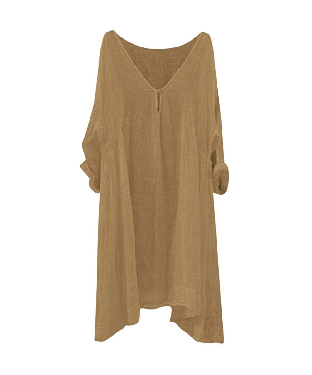 Rash Guards Women's Linen Solid Color Blouse Tunic V-Neck Linen Tops Short Sleeve Irregular Hem Shirt - Khaki - CN18UHDAE3R