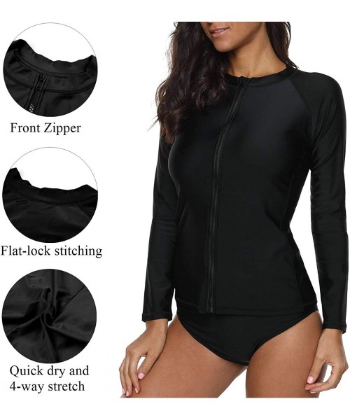 Rash Guards Women's Zip Front Long Sleeve Rash Guard Top Sun Protection Swim Shirt - Solid Black - CW18ND92ZQ4