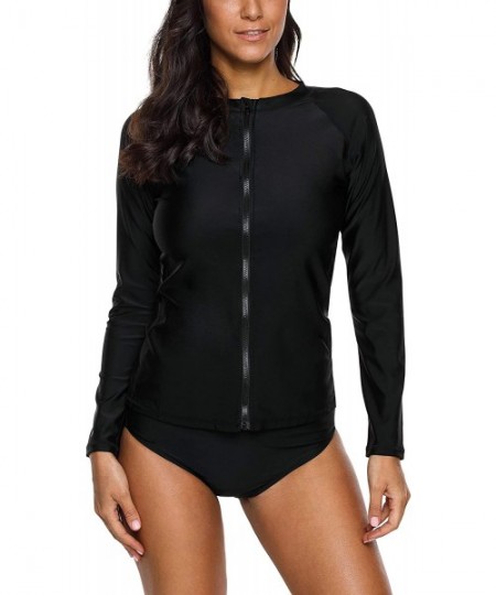 Rash Guards Women's Zip Front Long Sleeve Rash Guard Top Sun Protection Swim Shirt - Solid Black - CW18ND92ZQ4