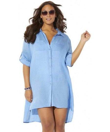 Cover-Ups Women's Plus Size Lyla Button Up Cover Up Shirt - Chambray - CP18R2L5HCT