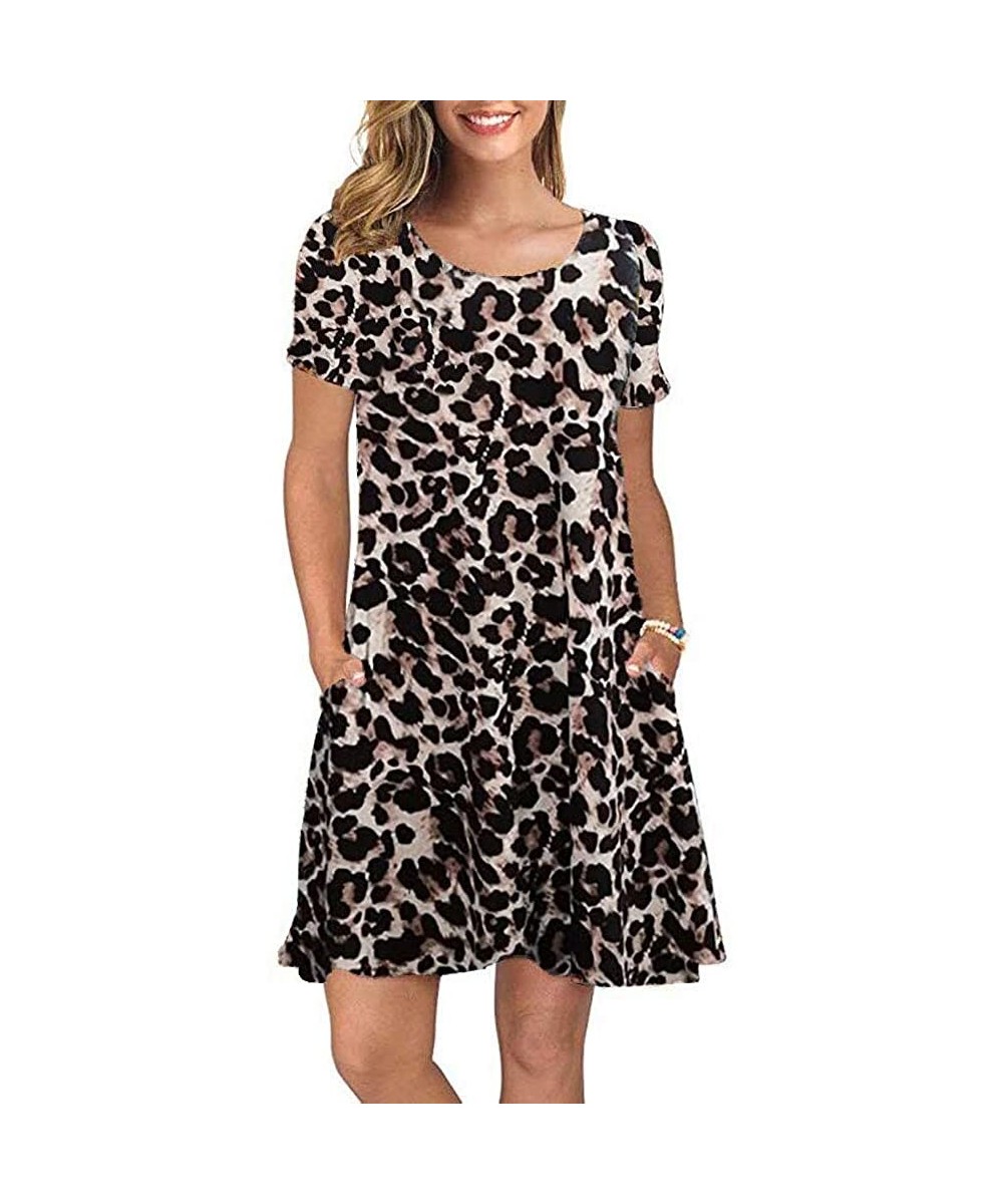 Cover-Ups Womens Summer Floral Print Sleeveless Sundress/Short Sleeve Pockets Casual Loose Swing T-Shirt Dress - Leopard - CH...