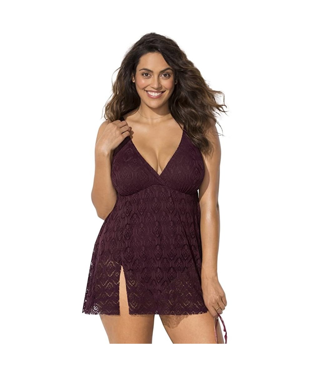 One-Pieces Women's Plus Size Crochet Side Slit V-Neck Swimdress - Plum - CT18L39M8TN