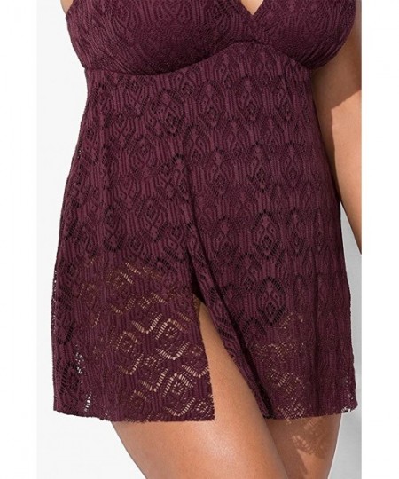 One-Pieces Women's Plus Size Crochet Side Slit V-Neck Swimdress - Plum - CT18L39M8TN