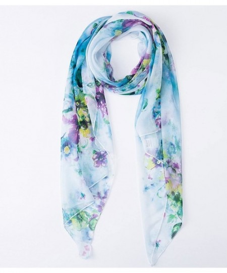 Cover-Ups Floral Printed Lightweight Chiffon Scarf Scarves Holiday Beach Cover Up - Watery Blue Floral - CR12IEMXU77