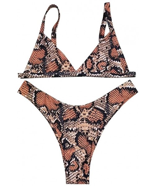 Sets Women's Criss-Cross Tie Dye String Bikini Set Ribbed Floral Leaf Print Spaghetti Straps Bathing Suit - C - Brown - CC198...