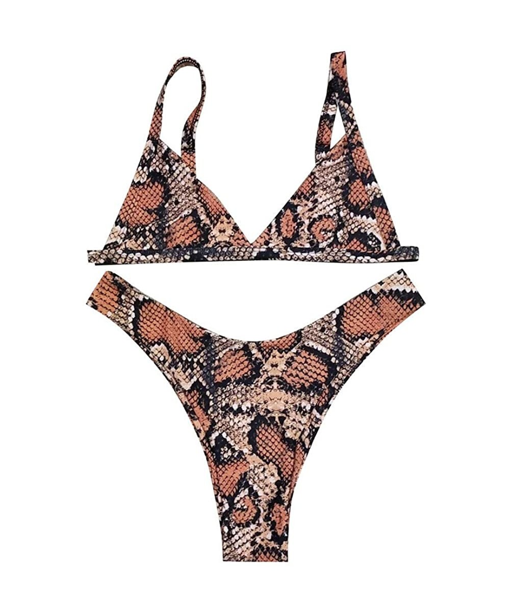 Sets Women's Criss-Cross Tie Dye String Bikini Set Ribbed Floral Leaf Print Spaghetti Straps Bathing Suit - C - Brown - CC198...