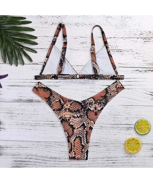 Sets Women's Criss-Cross Tie Dye String Bikini Set Ribbed Floral Leaf Print Spaghetti Straps Bathing Suit - C - Brown - CC198...