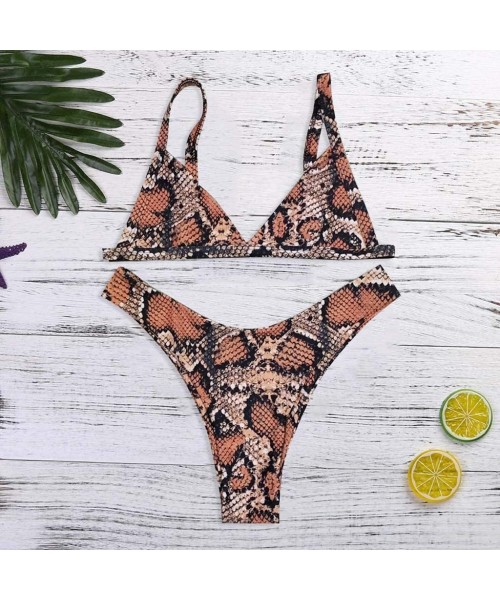 Sets Women's Criss-Cross Tie Dye String Bikini Set Ribbed Floral Leaf Print Spaghetti Straps Bathing Suit - C - Brown - CC198...