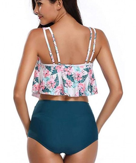 Sets Women Swimsuits Ruffled Racerback Floral Print High Waisted Two Piece Tankini Bathing Suits Top Bottom Bikini Sets Blue ...