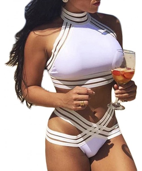 Sets Womens Sexy Hanging Neck Swimwear Elegant Solid Two Piece Bathing Suit Criss Cross Bottom Backless Swimsuit White - C018...