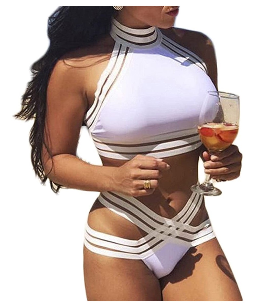 Sets Womens Sexy Hanging Neck Swimwear Elegant Solid Two Piece Bathing Suit Criss Cross Bottom Backless Swimsuit White - C018...