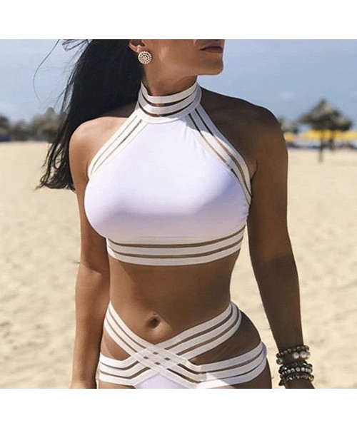 Sets Womens Sexy Hanging Neck Swimwear Elegant Solid Two Piece Bathing Suit Criss Cross Bottom Backless Swimsuit White - C018...