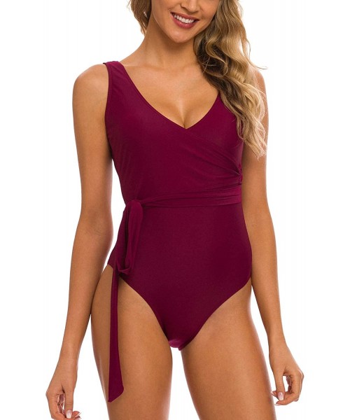 One-Pieces Women's One Piece Fake Wrap V Neckline Swimsuit Cross Bathing Suit - Wine Red - CC18QH2U7K8