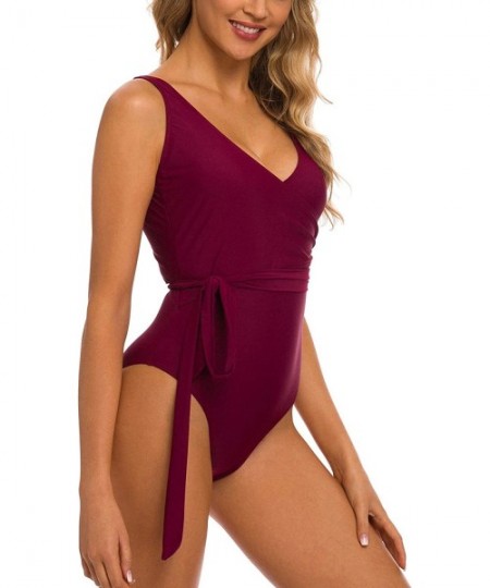 One-Pieces Women's One Piece Fake Wrap V Neckline Swimsuit Cross Bathing Suit - Wine Red - CC18QH2U7K8