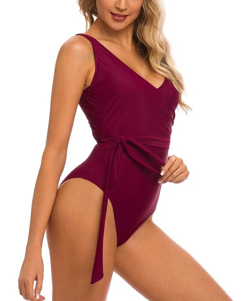 One-Pieces Women's One Piece Fake Wrap V Neckline Swimsuit Cross Bathing Suit - Wine Red - CC18QH2U7K8