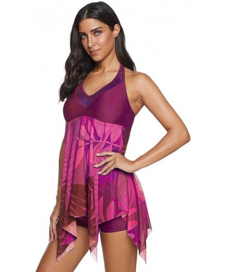 One-Pieces Women Swimsuit Two Piece Tankini Mesh Swimdress Floral Printed with Briefs Bathing Suits - Purple B - CN194XLHLQZ