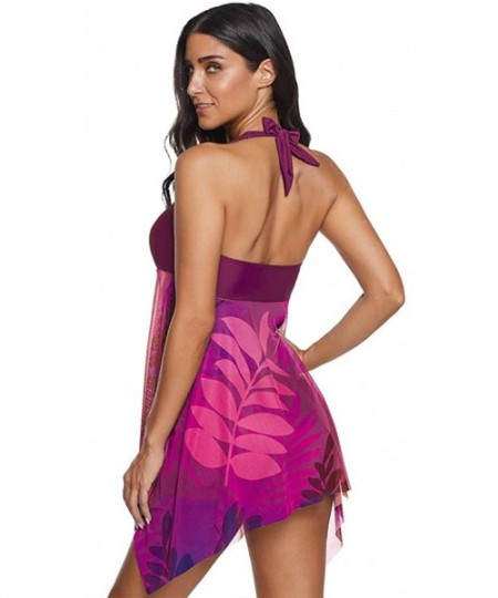 One-Pieces Women Swimsuit Two Piece Tankini Mesh Swimdress Floral Printed with Briefs Bathing Suits - Purple B - CN194XLHLQZ