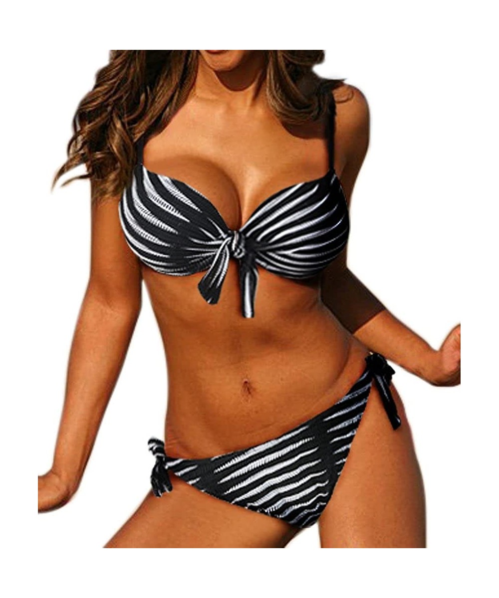 Sets Women's Fashion Underwire Stripe Bikini Swimsuit Swimwear - Black - CV183YD99X0