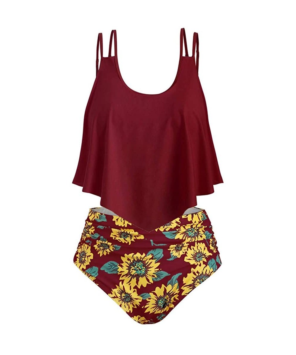 Sets Women Two Pieces Bathing Suits Adjustable Double Strap Ruffled Top with Sunflower High Waisted Bottom Tankini Set Wine -...