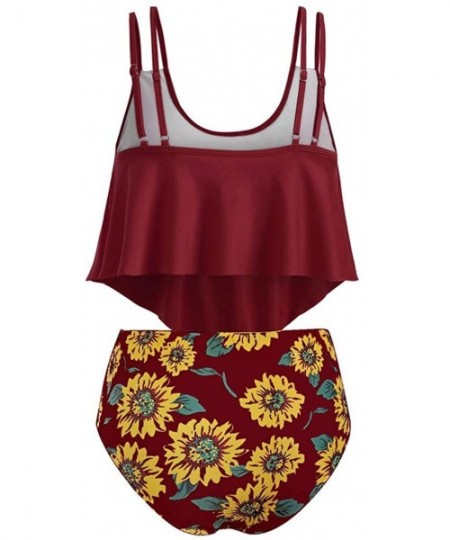 Sets Women Two Pieces Bathing Suits Adjustable Double Strap Ruffled Top with Sunflower High Waisted Bottom Tankini Set Wine -...