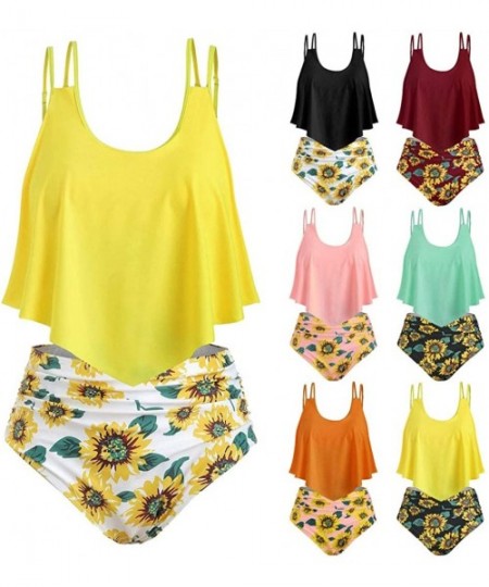 Sets Women Two Pieces Bathing Suits Adjustable Double Strap Ruffled Top with Sunflower High Waisted Bottom Tankini Set Wine -...