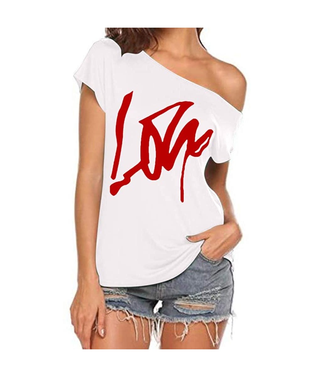 Tankinis Off Shoulder Love Womens Graphic T Shirt Tops - White - CT19CXRAWW5