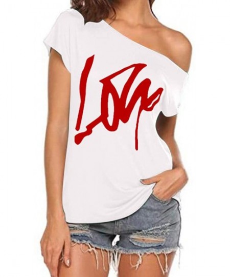 Tankinis Off Shoulder Love Womens Graphic T Shirt Tops - White - CT19CXRAWW5