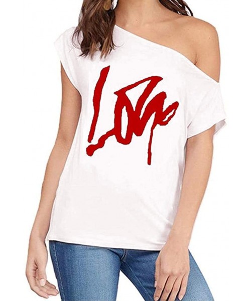 Tankinis Off Shoulder Love Womens Graphic T Shirt Tops - White - CT19CXRAWW5