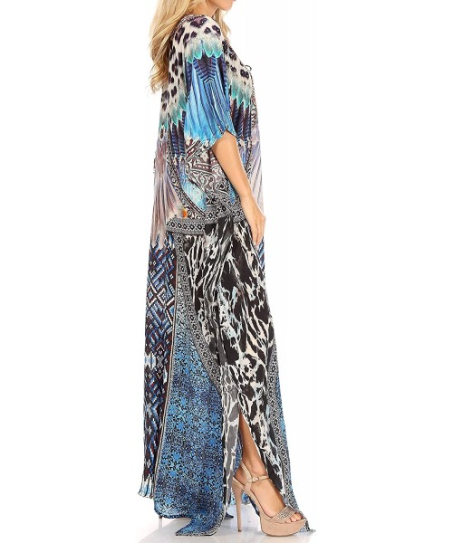 Cover-Ups Yeni Women's Short Sleeve V-Neck Summer Floral Long Caftan Dress Cover-up - Trb388-blue - CI197YMDRY6