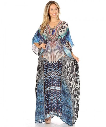 Cover-Ups Yeni Women's Short Sleeve V-Neck Summer Floral Long Caftan Dress Cover-up - Trb388-blue - CI197YMDRY6